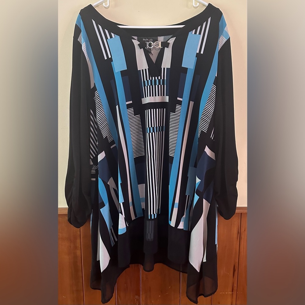 STYLE & CO., size 3X, blue, black and white geometric long sleeved blouse…